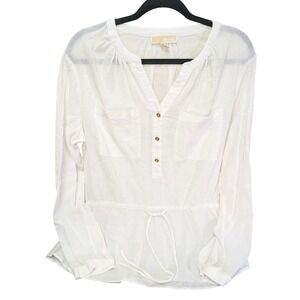 Michael Kors XL White Cotton Gauze Drawstring Waist Tunic Blouse Top Long Sleeve